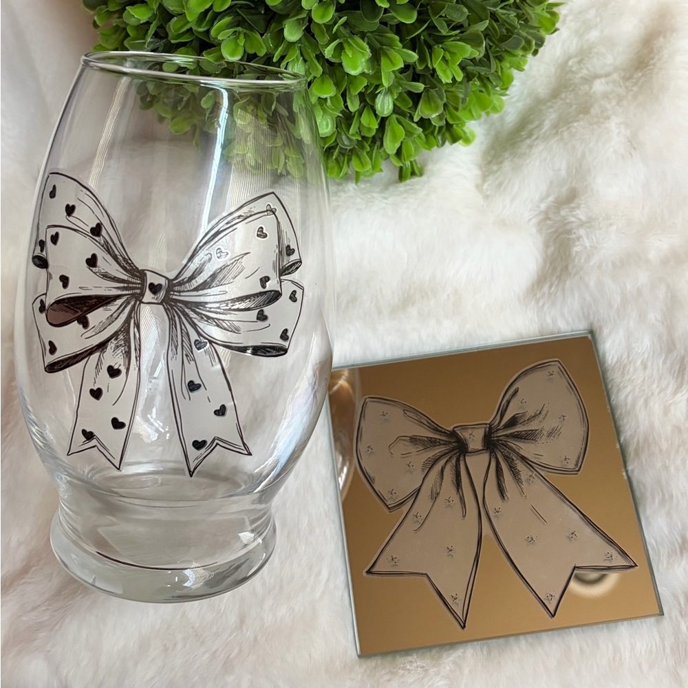 Glass Vase and Mirrored Coaster Set with Black Bow Motif